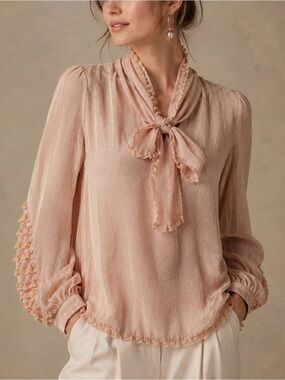 byTIMO Coquette Polka Dot Lace Ruffle Tie Neck Blouse